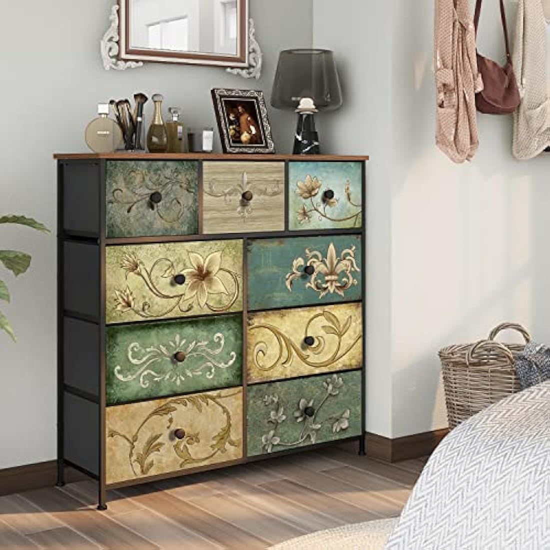 VEDECASA 9-Drawer Fabric Dresser – Retro Floral Chest for Bedroom