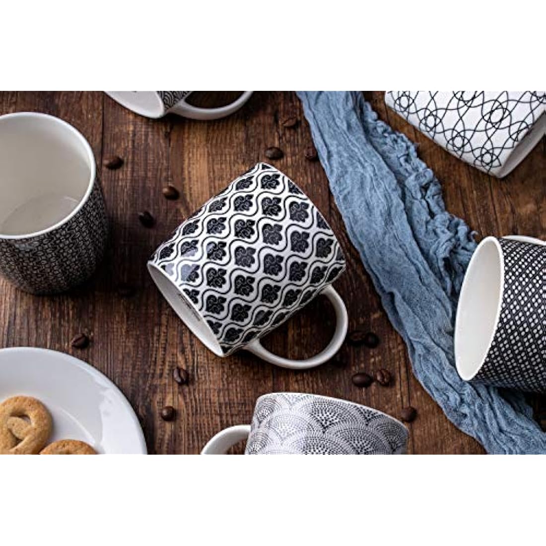 MACHUMA Ceramic Coffee Mugs Set of 6 – 11.5oz Black & White Geometric
