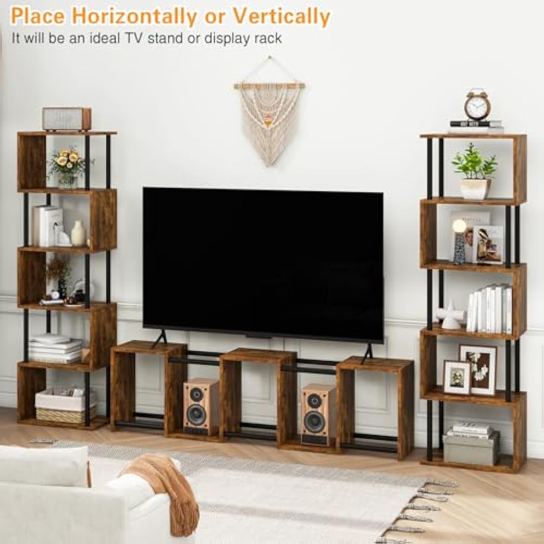 IBUYKE 6-Tier S-Shaped Geometric Bookshelf | Rustic Brown Wood Display Shelf