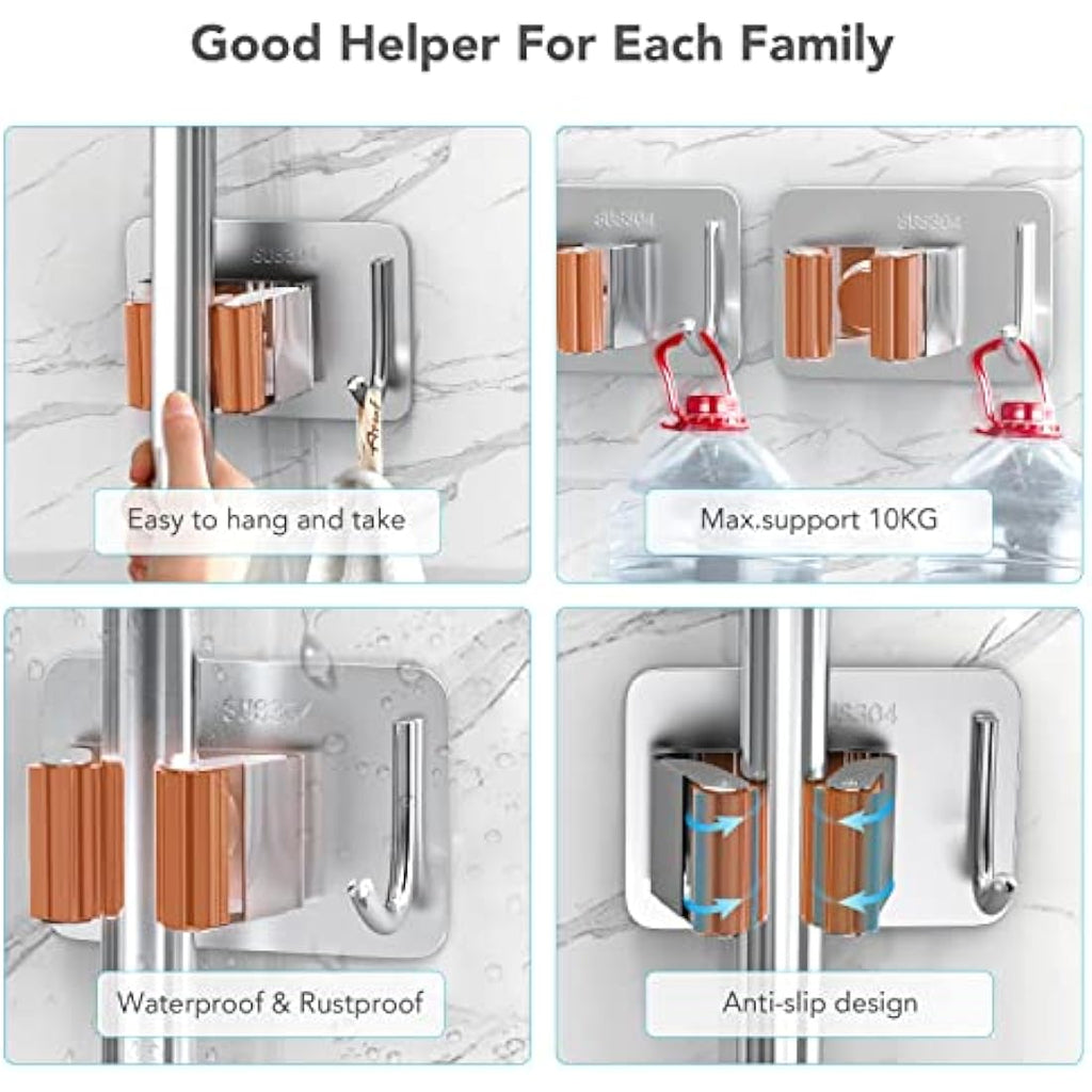 Homeasy Mop and Broom Holder – 4 Pcs Stainless Steel Wall Mount (Orange)