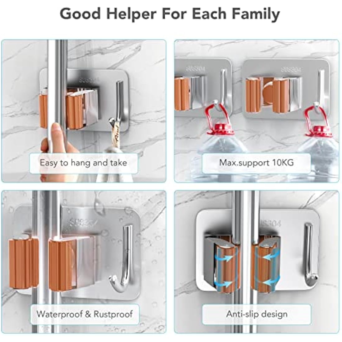 Homeasy Mop and Broom Holder – 4 Pcs Stainless Steel Wall Mount (Orange)