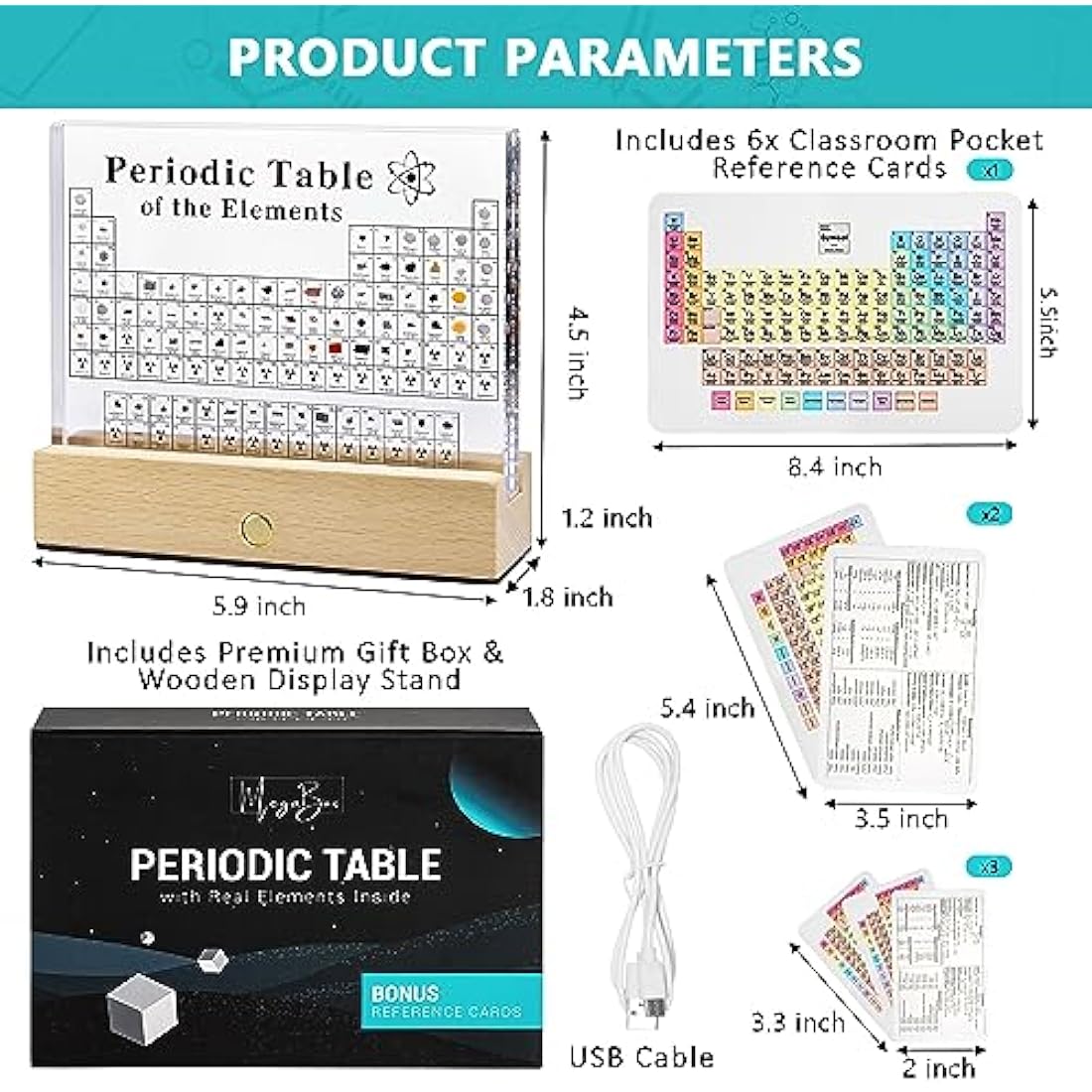 Periodic Table with 83 Real Elements & Wooden Stand