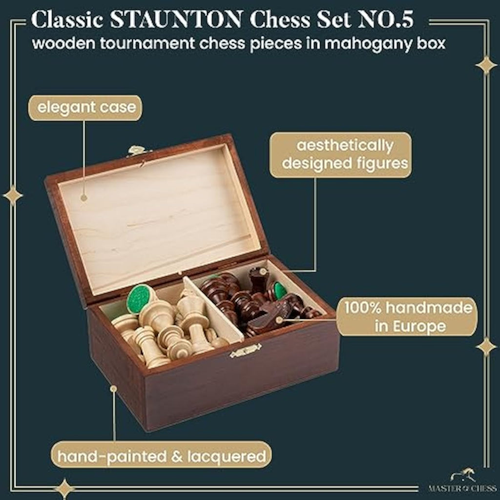 Staunton No. 5 Wooden Chess Pieces – Handmade Mahogany Box