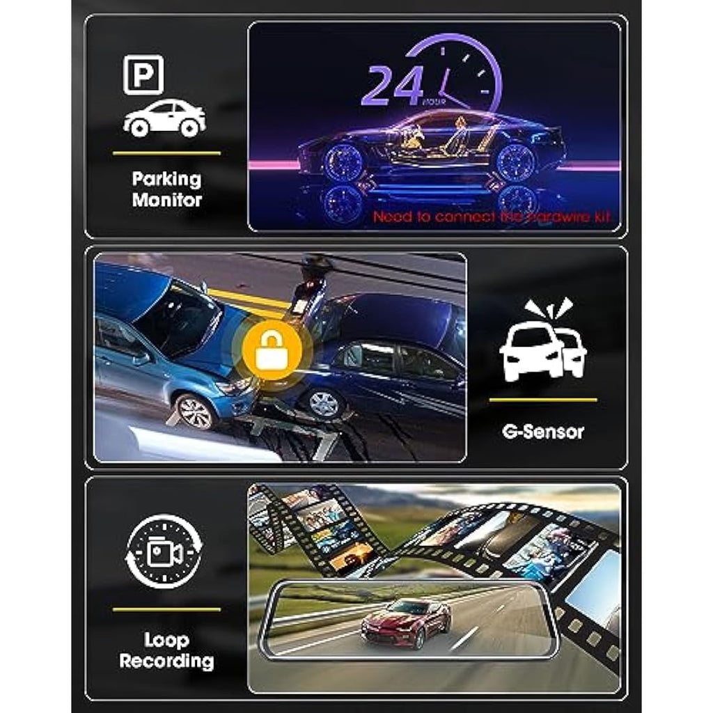 Jansite 10 Inch Mirror Dash Cam | 1080P Dual Front and Rear Night Vision