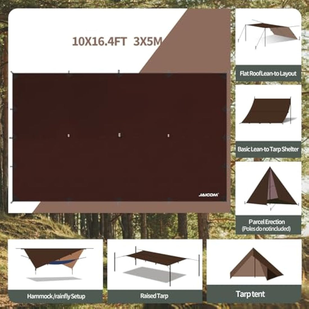 JAICOM Waterproof Camping Tarp | 3x5m PU3000mm UV Shelter - Brown