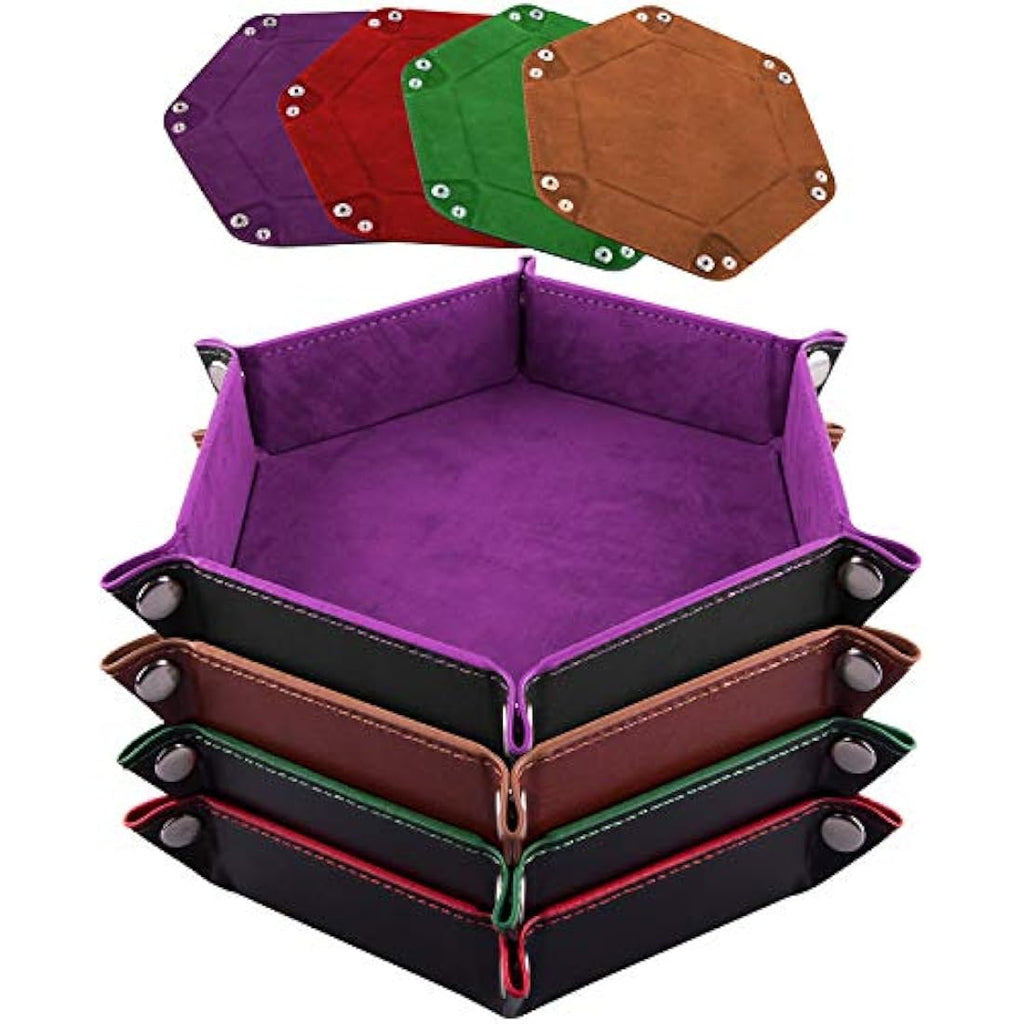 Jolof Store Hexagon Dice Tray – 4 Pack PU Leather & Velvet DND Trays