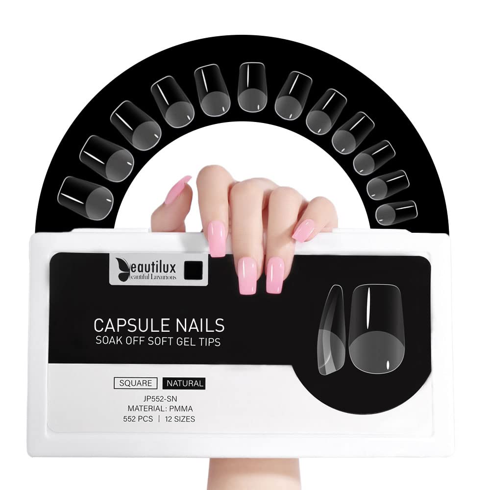 Beautilux Short Square Nail Tips | 552 Pcs Full Cover Soft Gel Acrylic