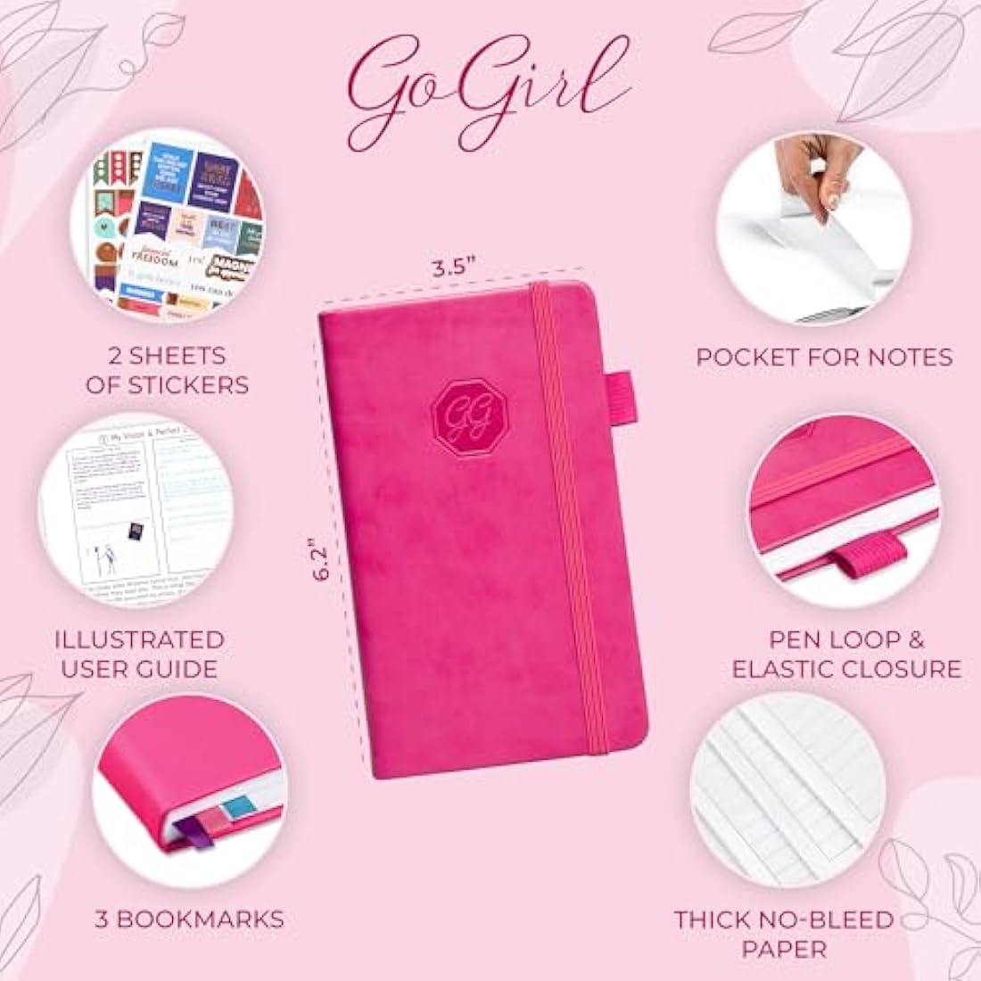 GoGirl Pocket Weekly Planner – Undated Goal Organizer, Hot Pink Leather