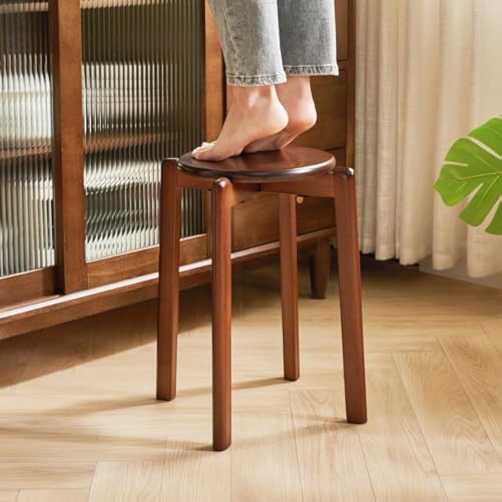YMYNY Solid Wood Round Stool - 4pcs Stackable Dining Stools, Brown