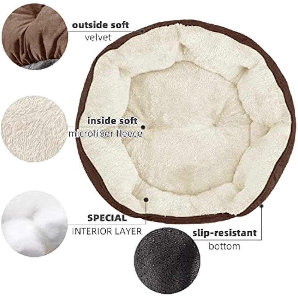 Round Sherpa Dog Bed – Washable Calming Pet Bed, Brown, 25"