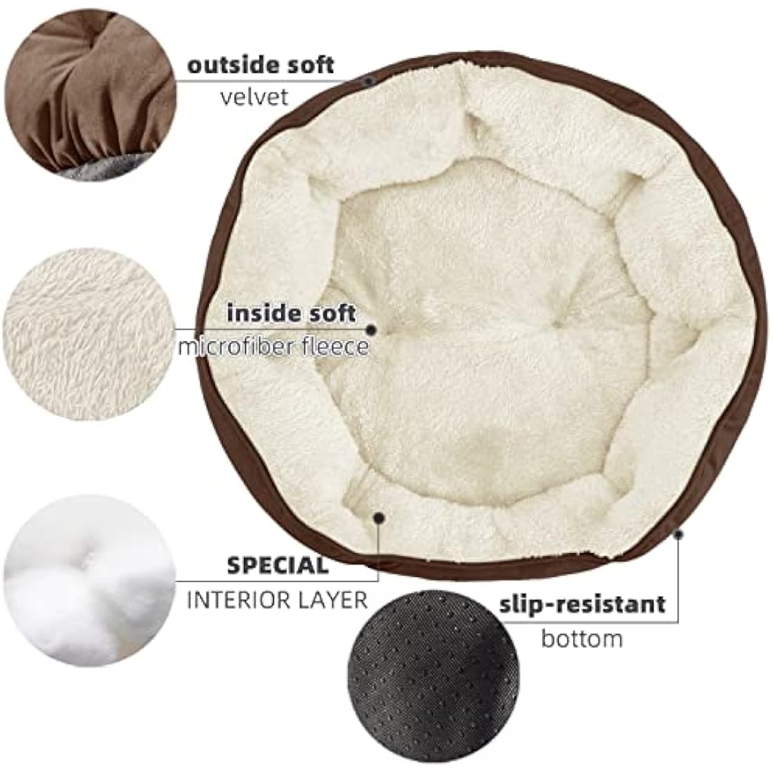 Round Sherpa Dog Bed – Washable Calming Pet Bed, Brown, 25"
