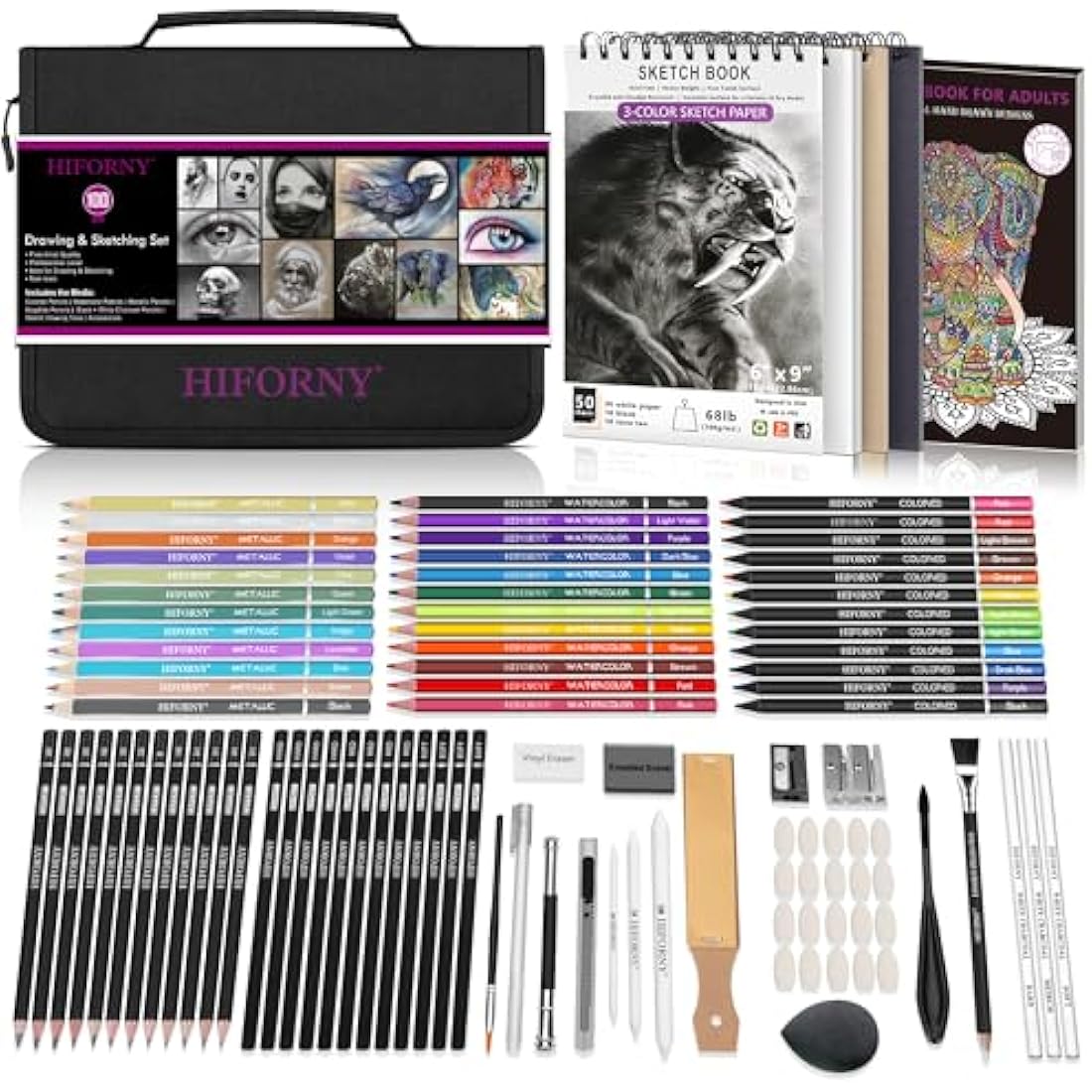 HIFORNY 100-Piece Professional Drawing & Sketching Set with Sketchbook