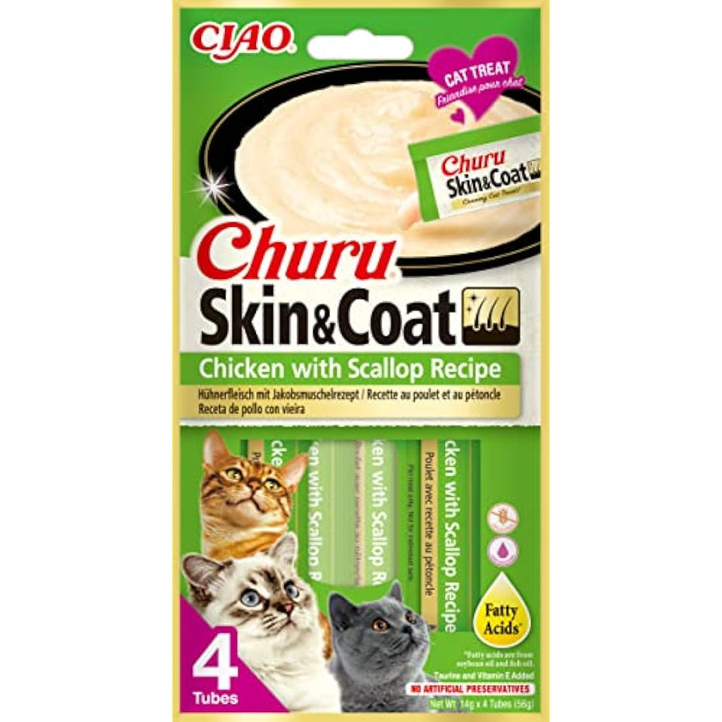 Inaba Churu Skin & Coat Grain-Free Cat Treats – Chicken & Scallop 48pk