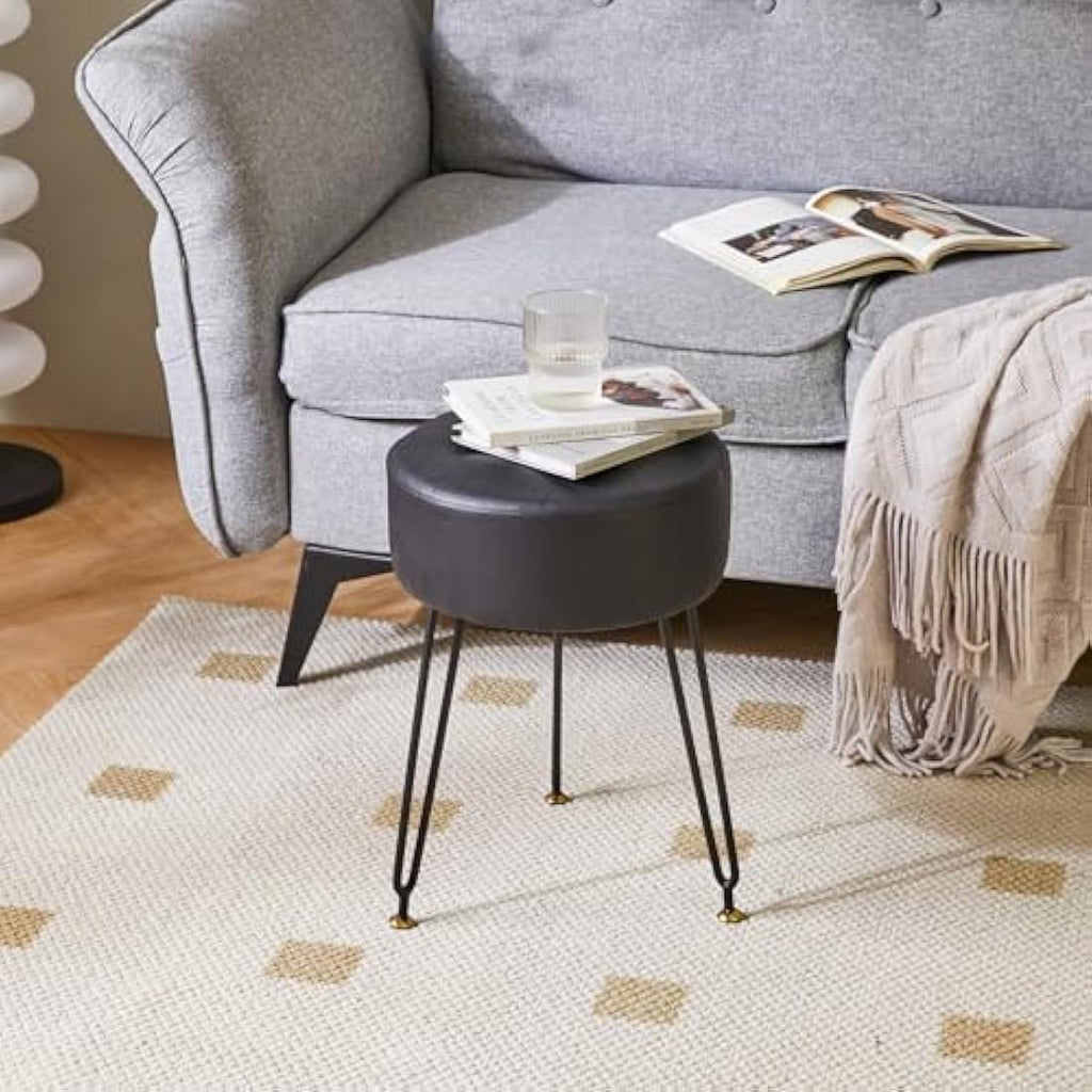 IBUYKE Faux Leather Round Vanity Stool – Modern Footrest with Gold Legs