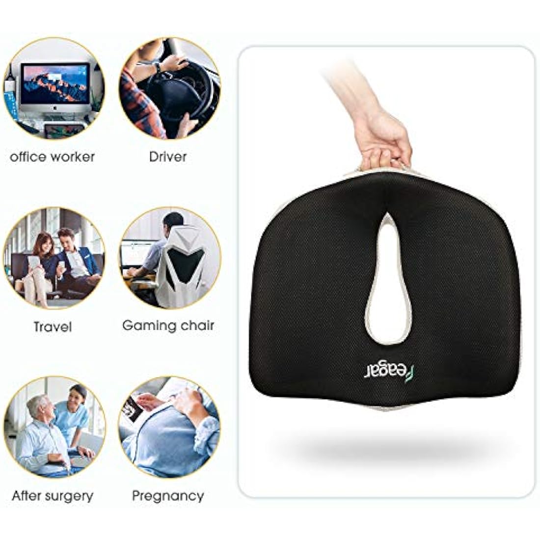Feagar Orthopedic Gel Seat Cushion – Memory Foam for Tailbone & Sciatica