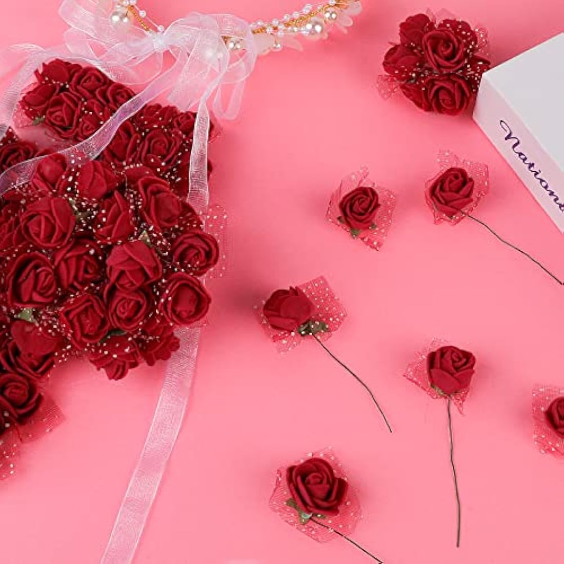 Jolof Store 144Pcs Mini Foam Roses – Dark Red Artificial Flower Heads