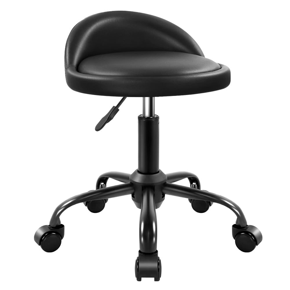 KKTONER Rolling Stool with BackRest Height Adjustable Round Chair with Wheels Swivel Drafting Work PU Leather stools Small Black