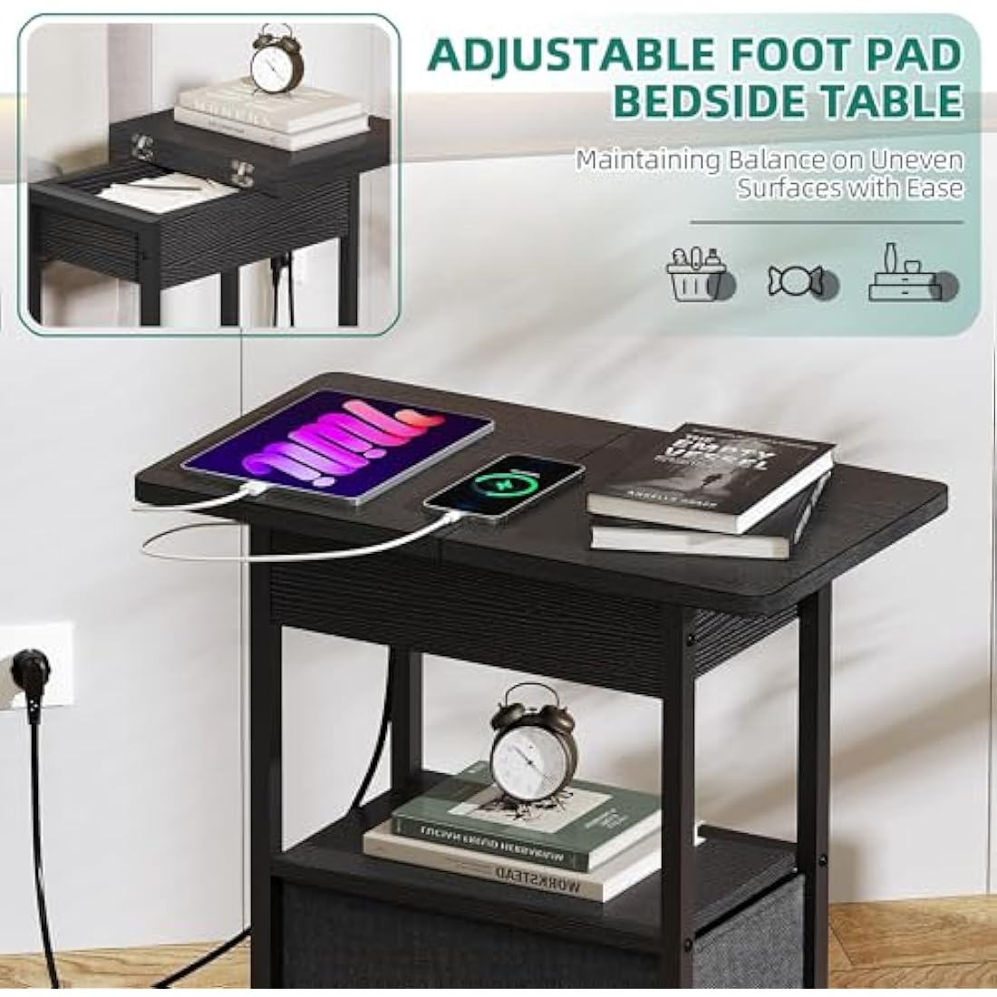 Jolof Store Narrow Side Table with Charging Station – Black Slim End Table