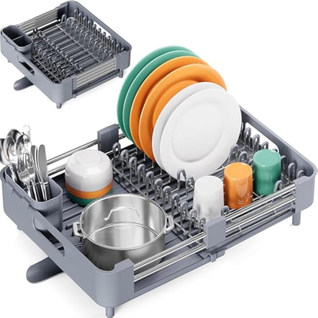 KINGRACK Extendable Dish Drying Rack | Stainless Steel Drainer in Gray