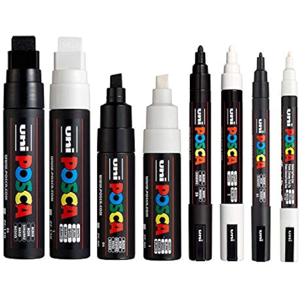 Posca Paint Markers | Black & White Multi-Surface Pen Set | 8 Pack