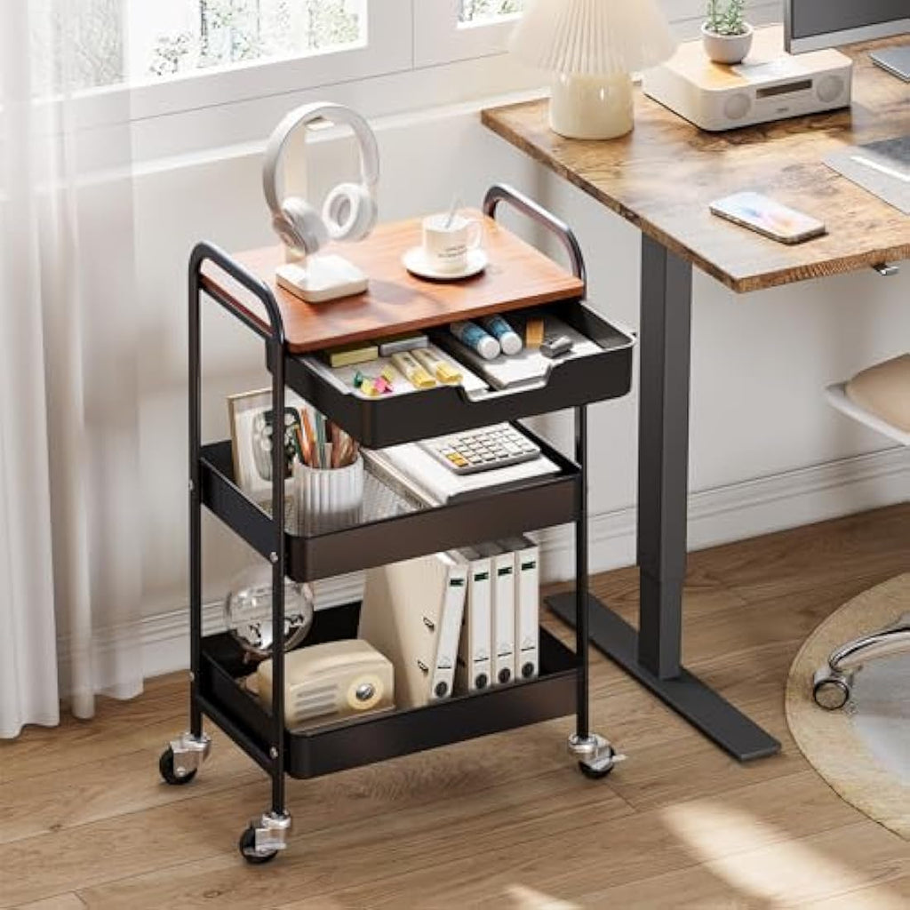 KINGRACK 3-Tier Rolling Utility Cart with Wooden Tabletop | Black