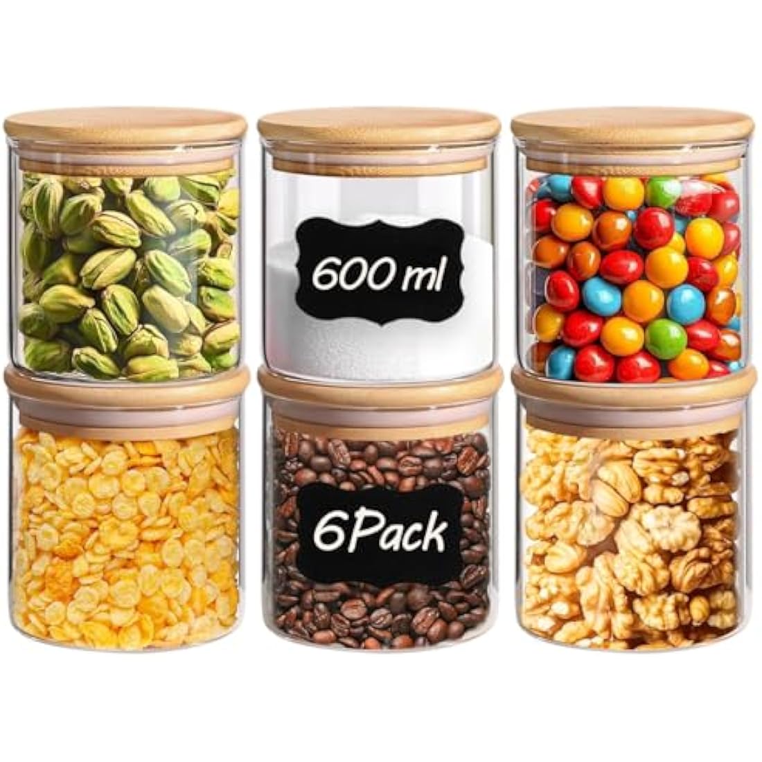 600ml Airtight Glass Food Storage Jars with Bamboo Lids – Set of 6