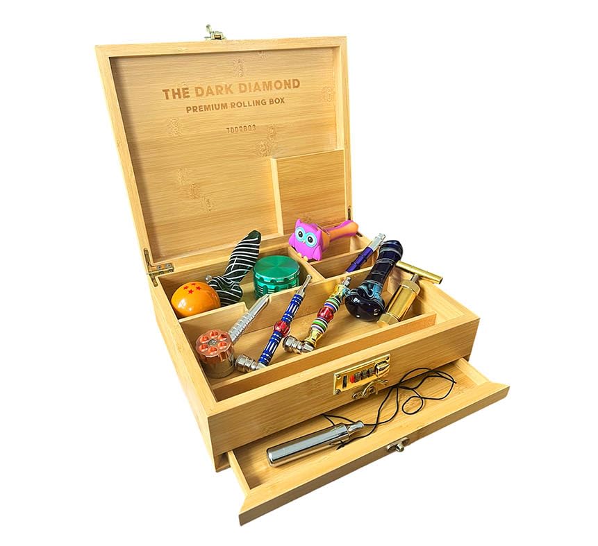 The Dark Diamond Roll Box Premium Smoking Accessories Storage Handcrafted Bamboo Wooden Stash Rolling Box Upgraded Large - 30X25X10CM
