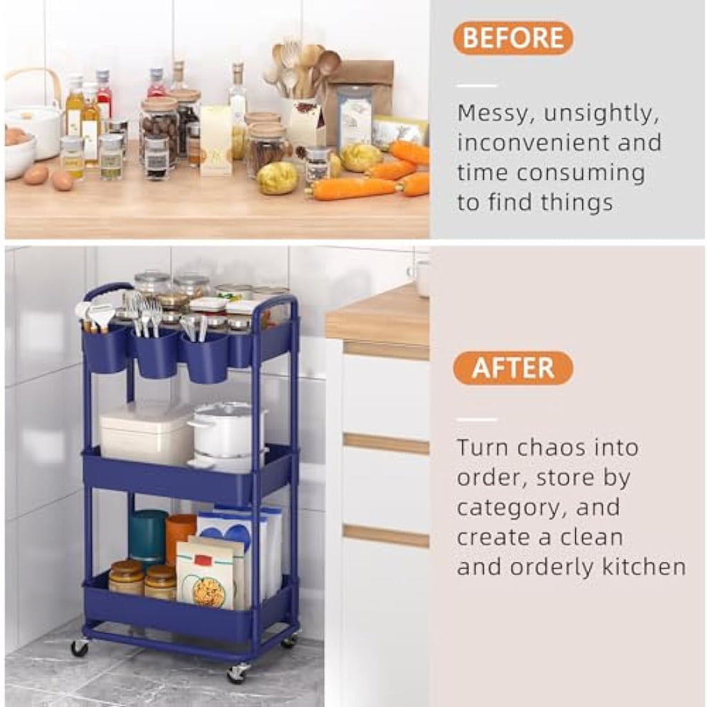 JIUYOTREE 3-Tier Rolling Utility Cart with Hanging Cups & Wheels - Blue