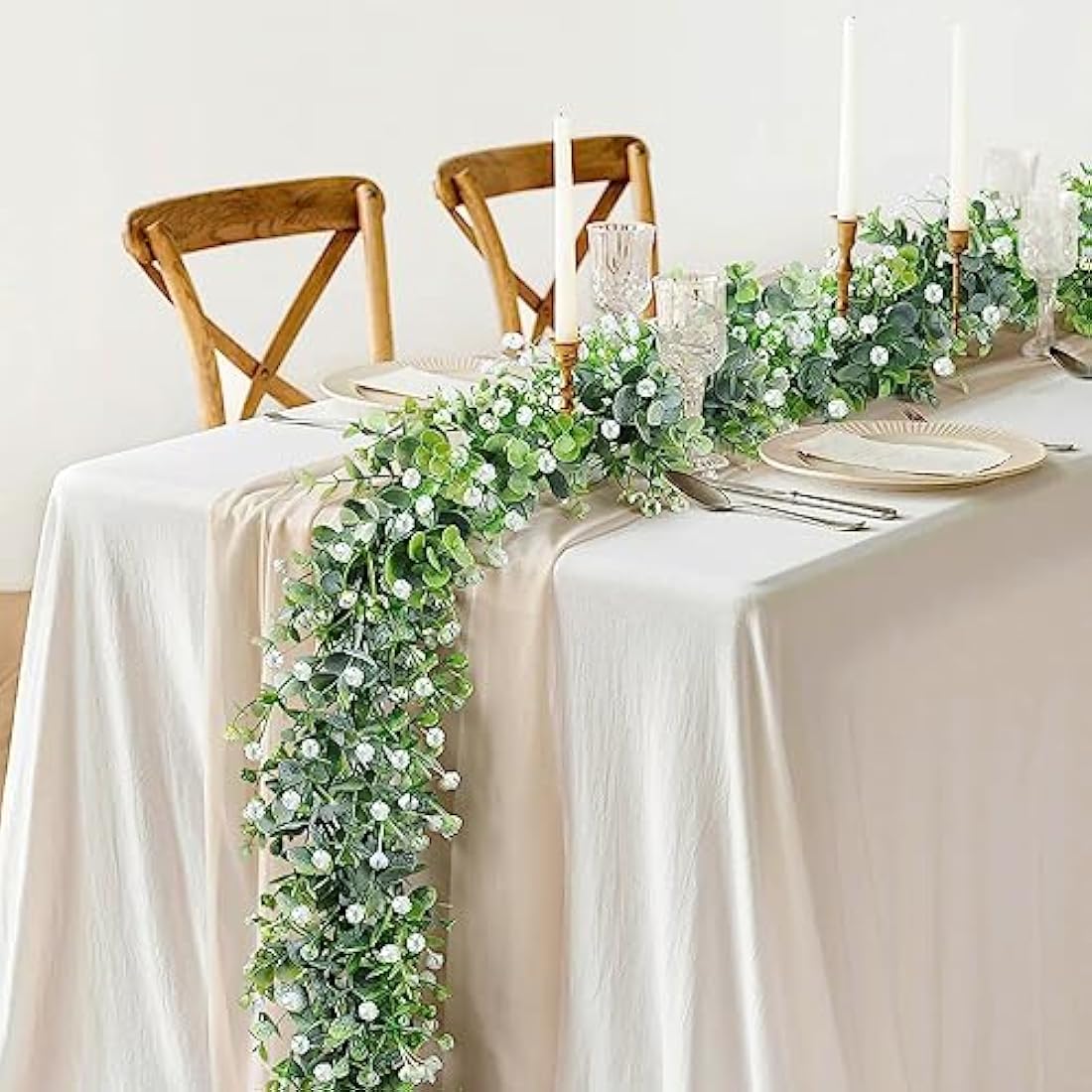 LOMOHOO 2-Pack 12FT Artificial Eucalyptus Garland with White Flowers
