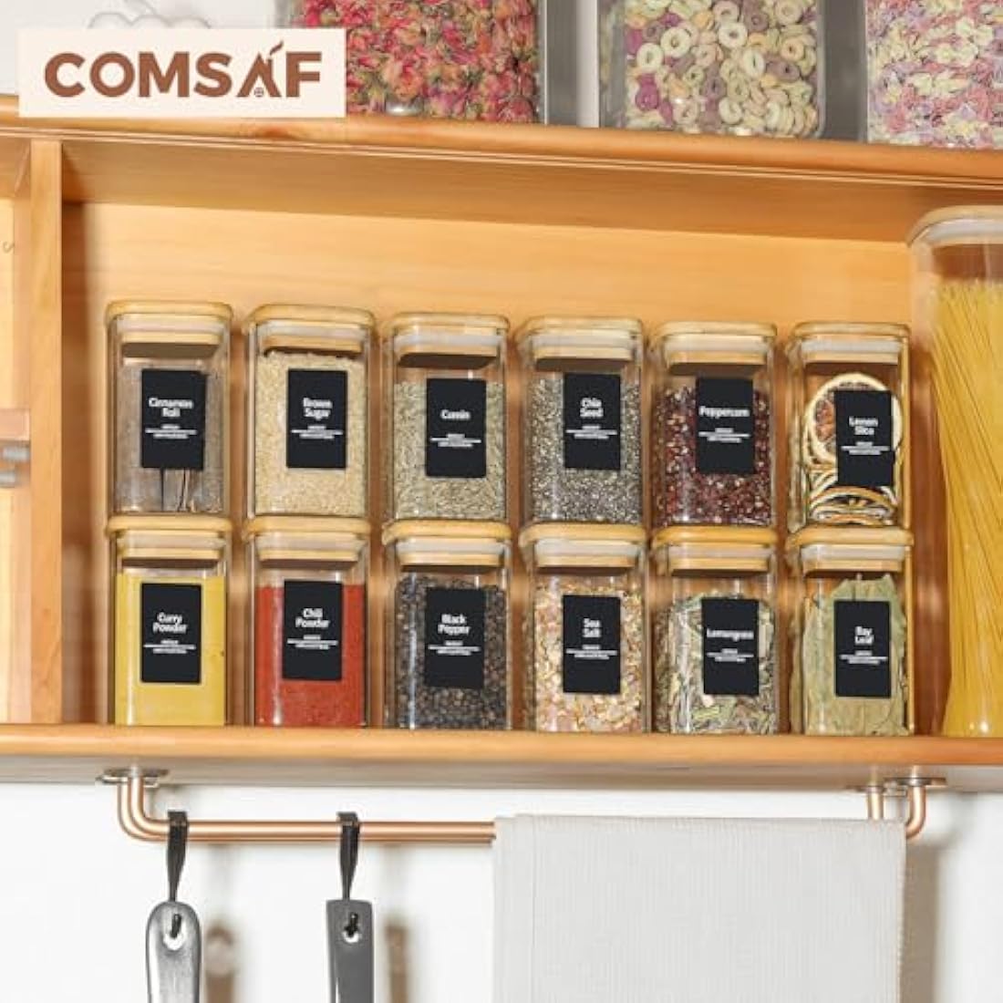 ComSaf 12 Pcs Square Glass Spice Jars with Bamboo Lids and Labels, 8oz