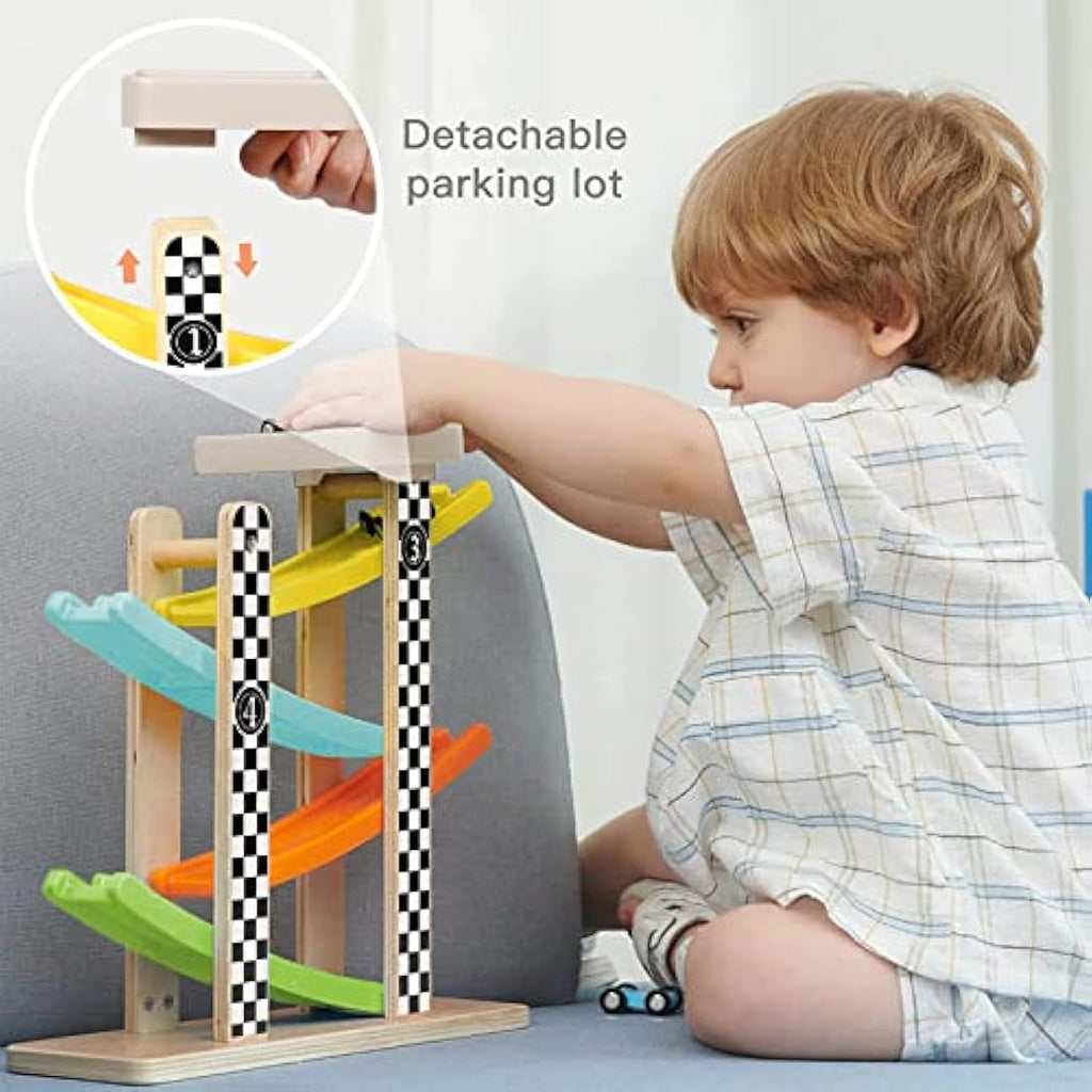 Top Bright Wooden Car Ramp Racer – Toddler Educational Toy with 4 Cars