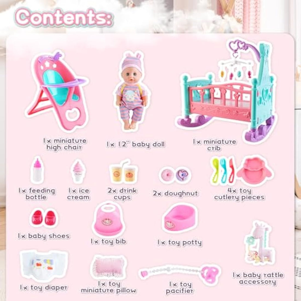 deAO My First Baby Doll Play Set – 21 Piece Toy Set with Crib & High Chair