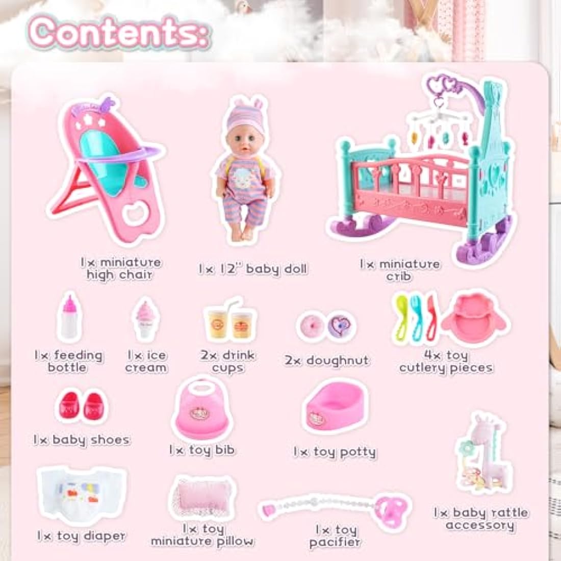 deAO My First Baby Doll Play Set – 21 Piece Toy Set with Crib & High Chair
