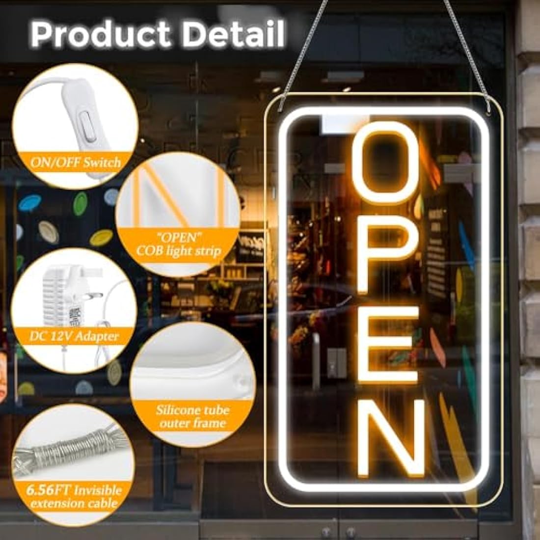LightingWill LED Neon Open Sign | 23x12 Vertical Yellow & White Business Sign