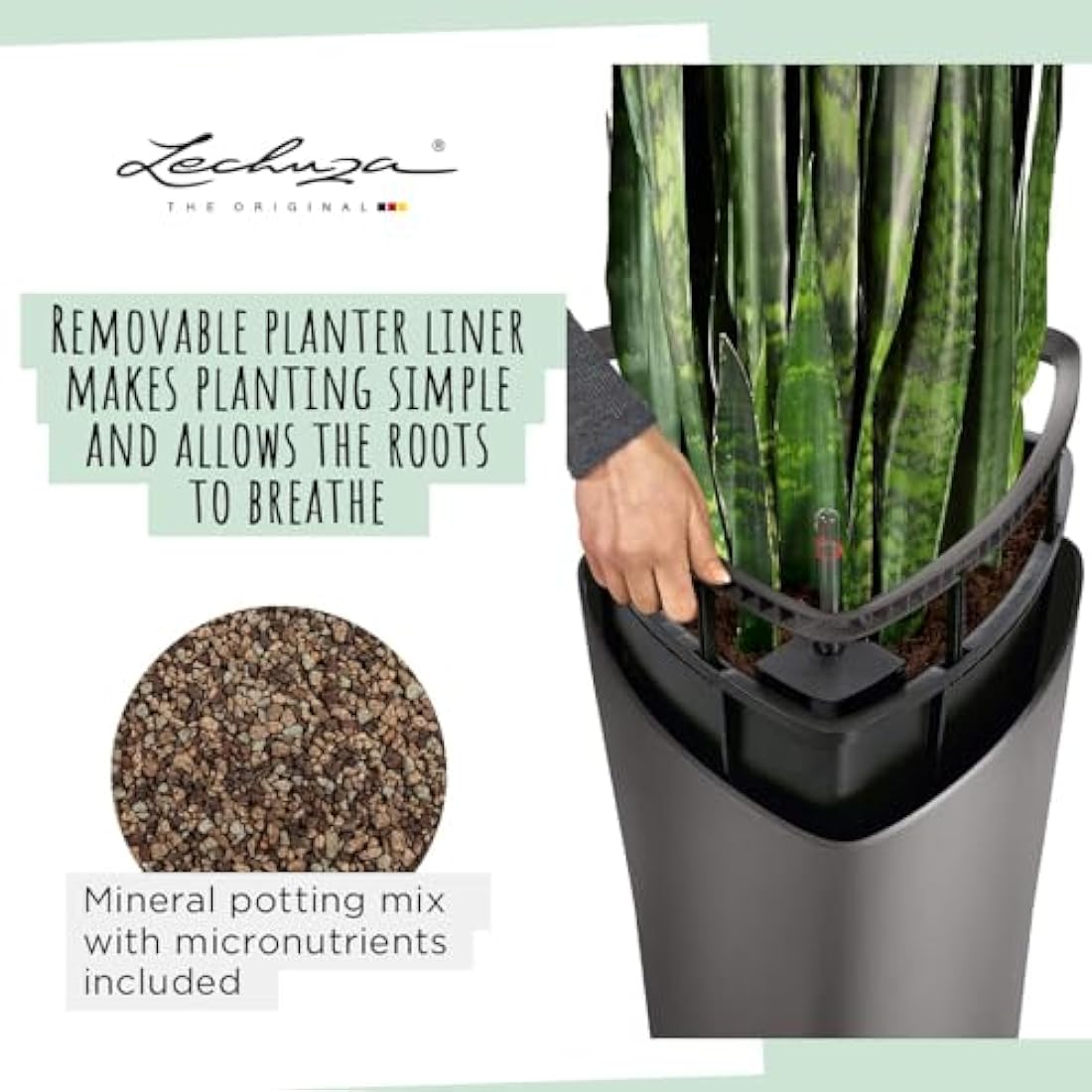 Lechuza Delta 40 Self-Watering Tall Planter – Charcoal Metallic Plastic