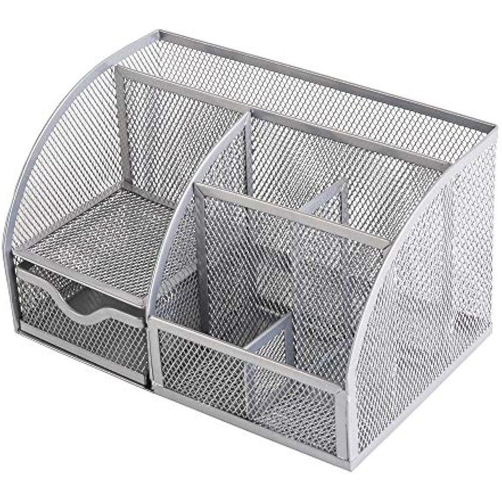 Exerz Mesh Desk Organiser – 7 Compartment Metal Pen Holder, Silver Grey