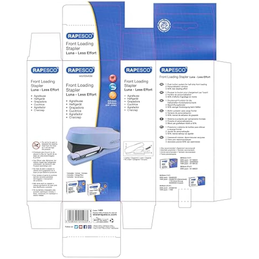 Rapesco Luna Less Effort Desktop Stapler | 50 Sheet Capacity | Powder Blue