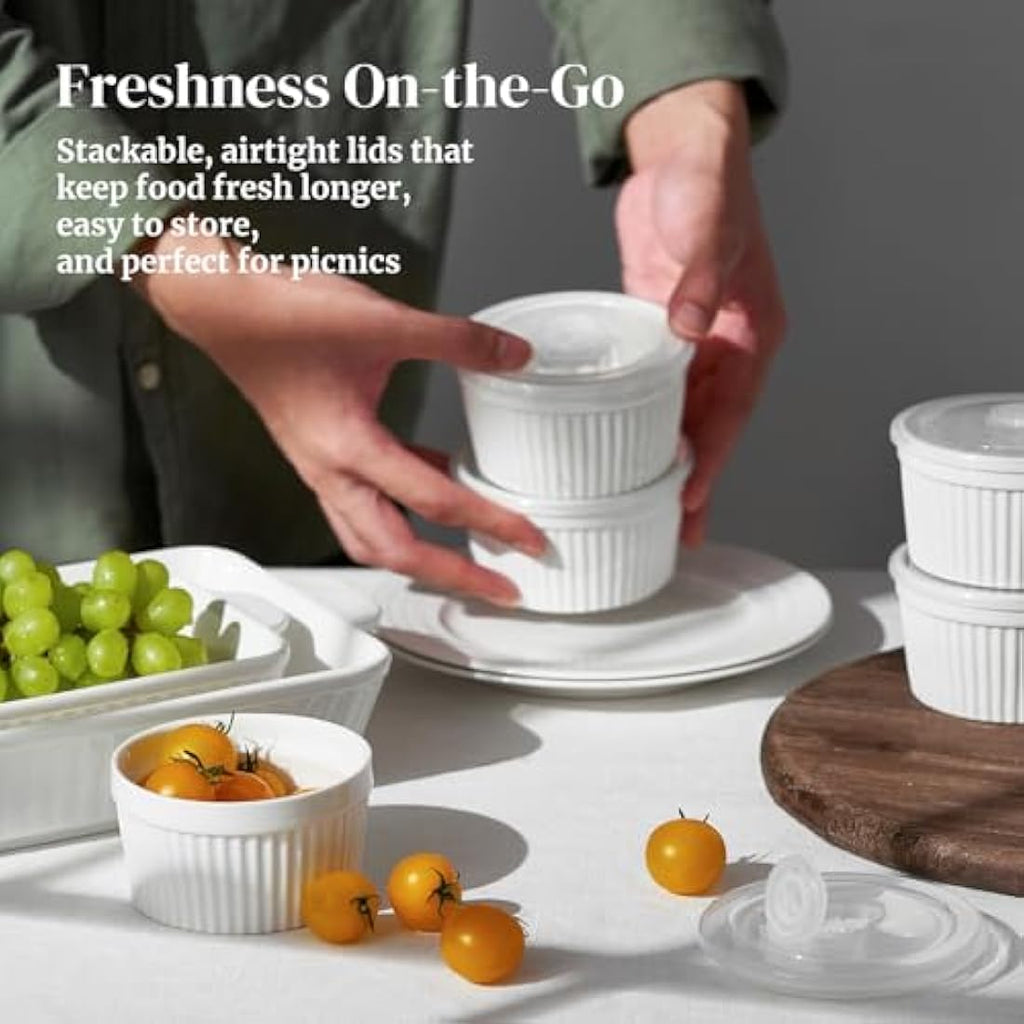 DOWAN 8 oz Porcelain Ramekins with Lids - White Soufflé Dishes, Set of 6