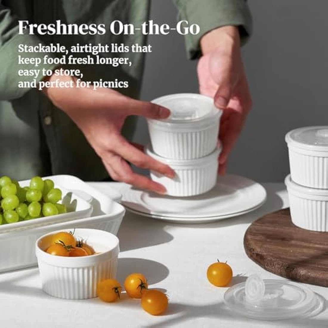 DOWAN 8 oz Porcelain Ramekins with Lids - White Soufflé Dishes, Set of 6