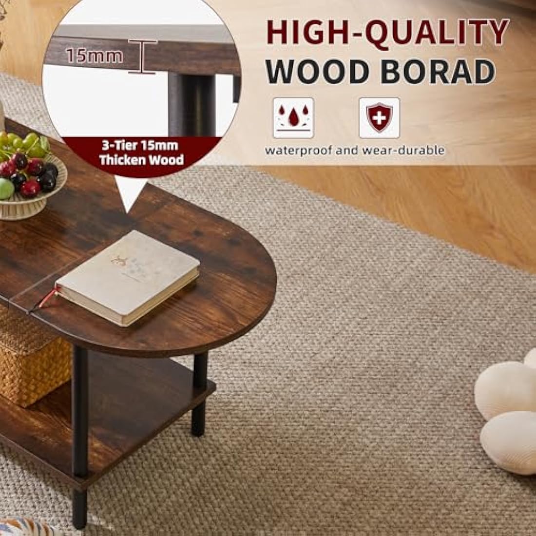 Aibiju 2-Tier Wooden Coffee Table – Oval Rustic Brown Living Room Table
