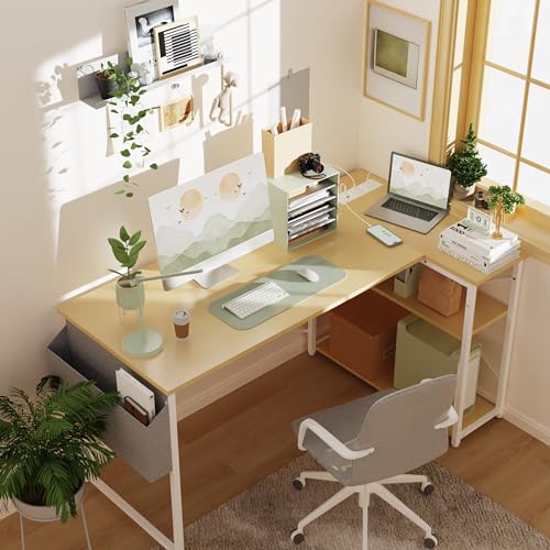 BEXEVUE L-Shaped Computer Desk with Power Outlets & Storage Shelves