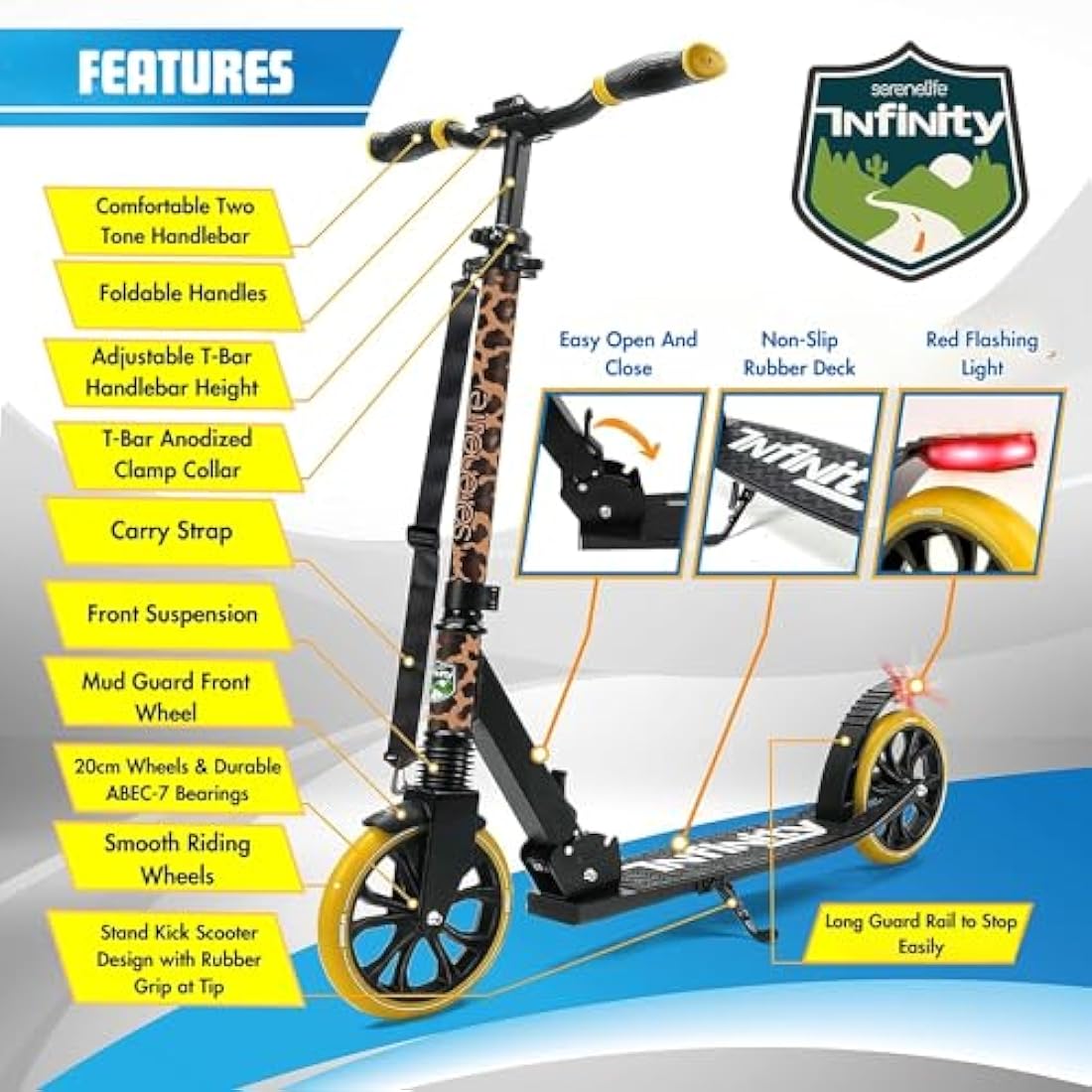 SereneLife Folding Kick Scooter – Adjustable LED Big Wheels for Kids & Teens
