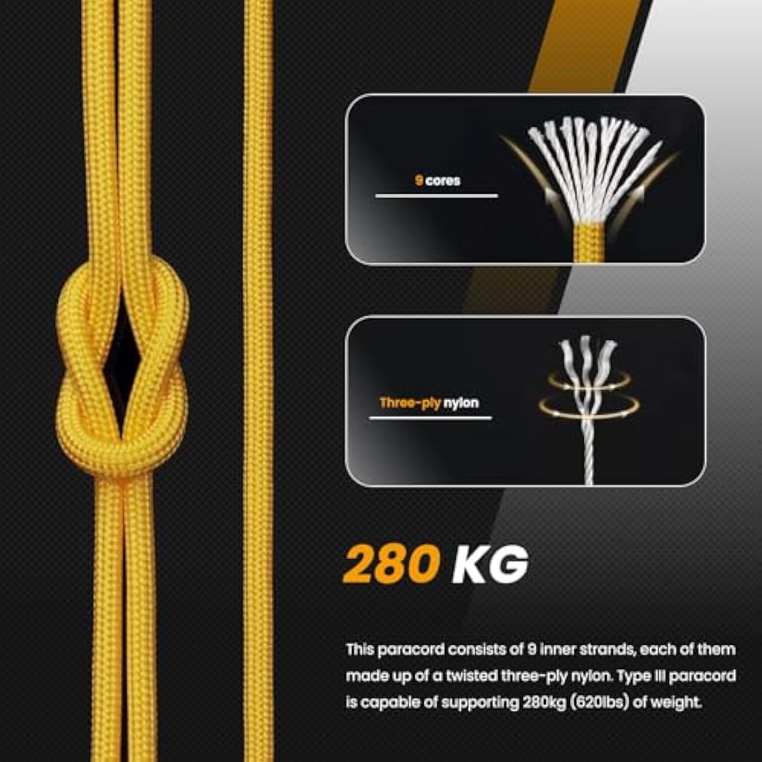 Abma Cord 4mm Type III Nylon Paracord 100m – 9 Strands Golden Yellow