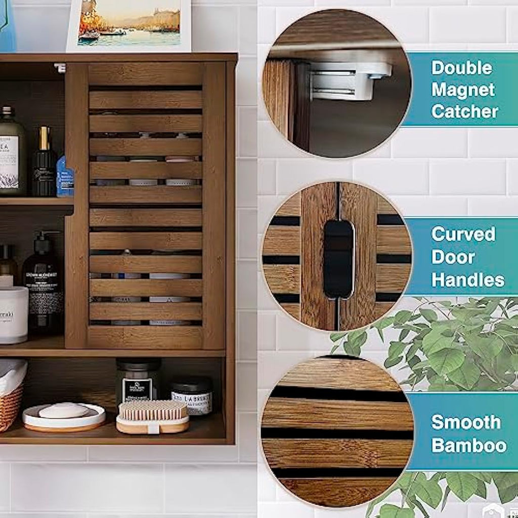 SMIBUY Bamboo Wall Mounted Bathroom Cabinet – Over-The-Toilet Storage, Walnut