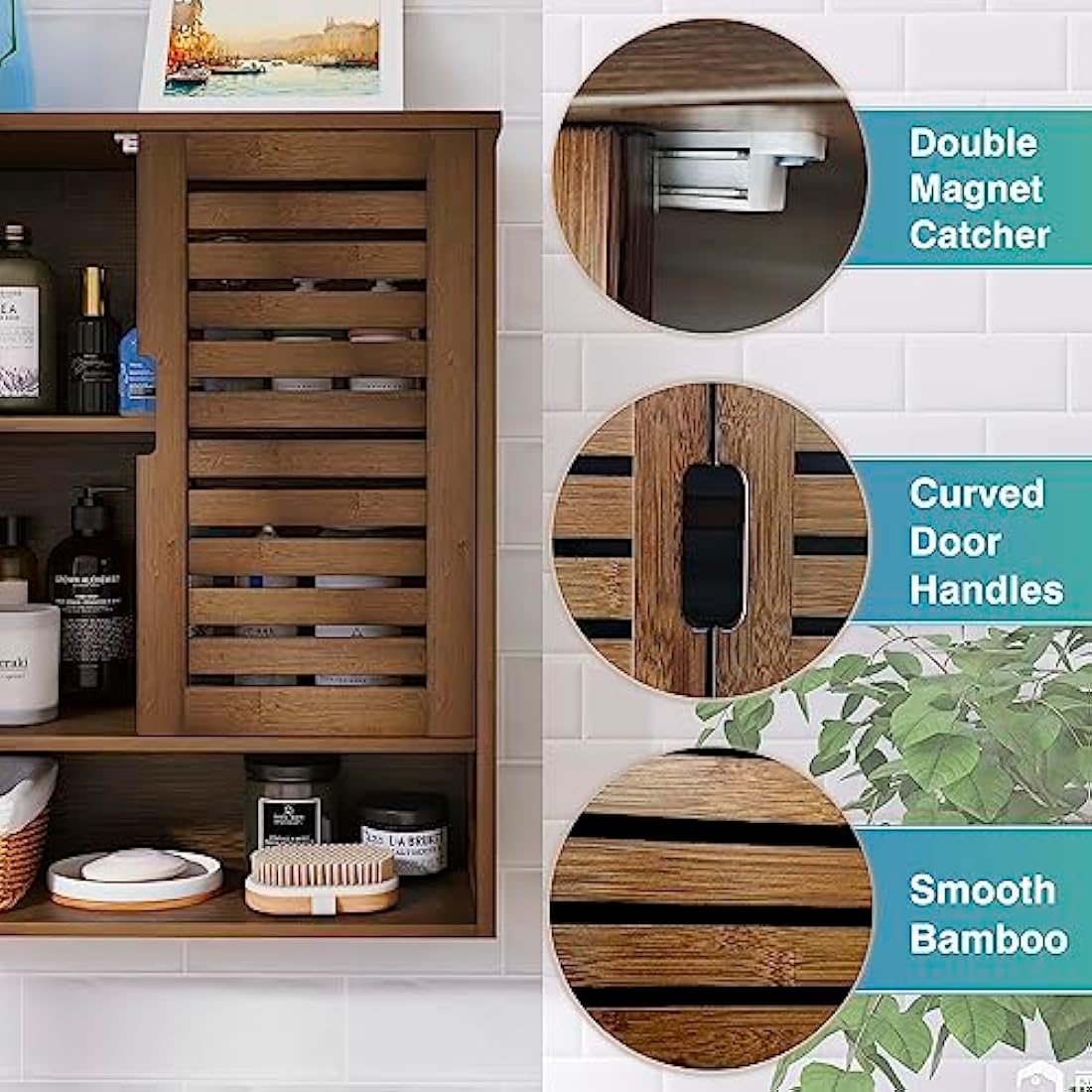 SMIBUY Bamboo Wall Mounted Bathroom Cabinet – Over-The-Toilet Storage, Walnut