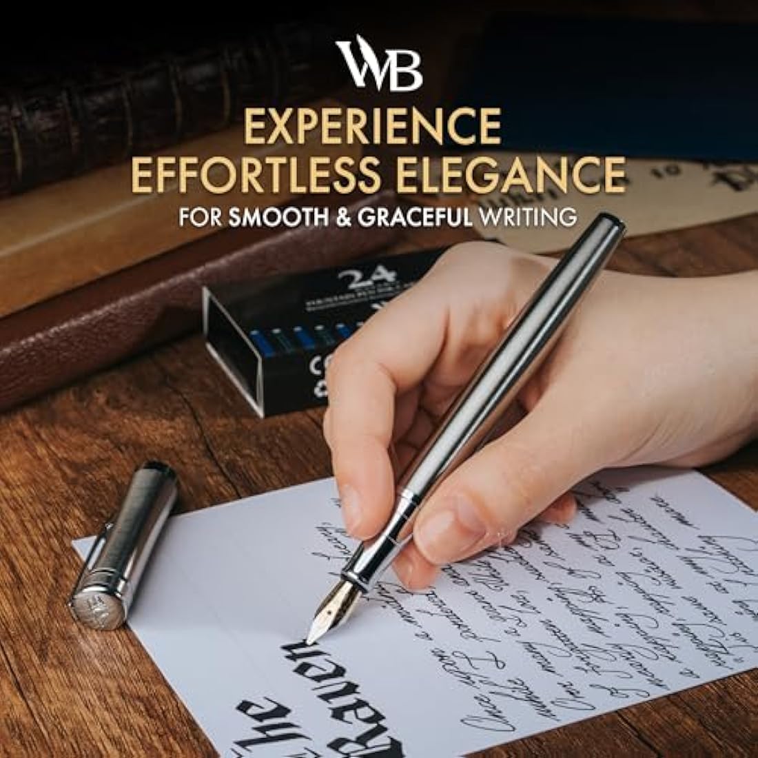 Wordsworth & Black Fountain Pen Set | Broad Nib Chrome Calligraphy Pen
