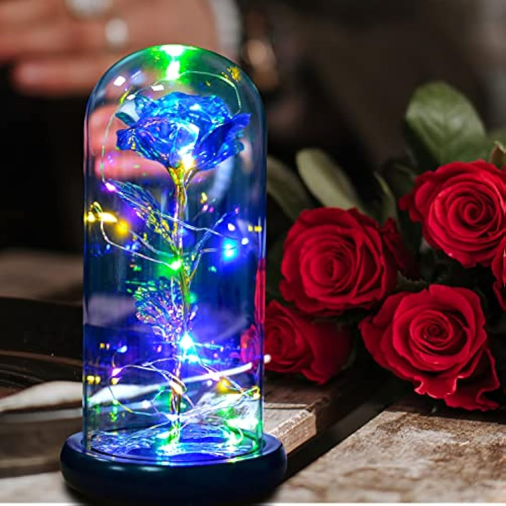 QUELIEN Galaxy Rose in Glass Dome – LED Blue Eternal Flower Gift for Her