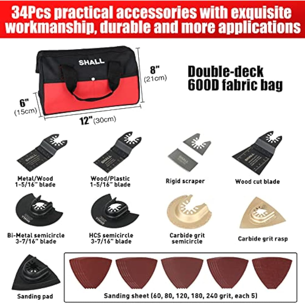 SHALL Oscillating Multitool Kit – 500W Power Tool with 34 Accessories