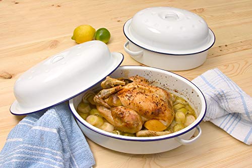 Enamel Oval Roaster - 36cm Self Basting Roasting Dish with Lid