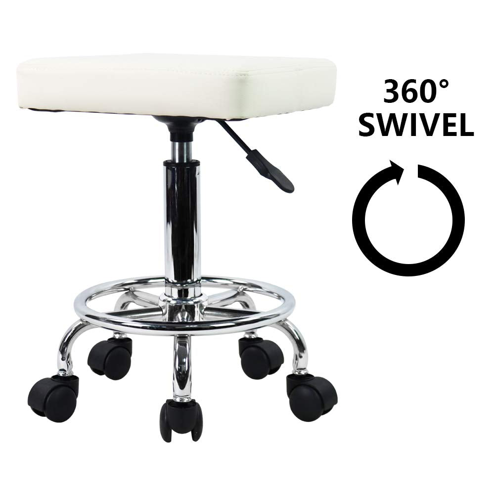 KKTONER Square Rolling Stool PU Leather Height Adjustable Swivel Massage SPA Salon Stools Task Chair with Wheels White